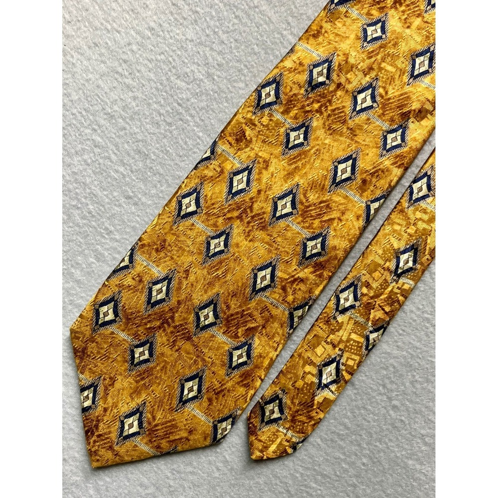 Robert Talbott Studio Silk Tie Gold Navy Blue Geometric Diamond Hand Sewn USA